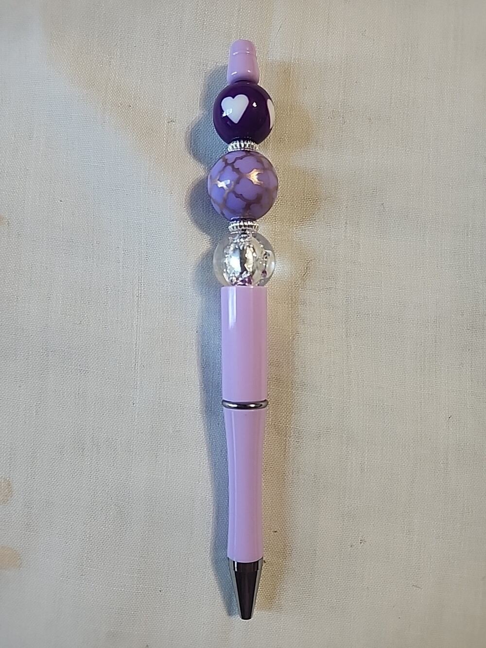 Bead Pen Purple Pen Dark Purple with Hearts, Light Purple, Clear Specked Beads
